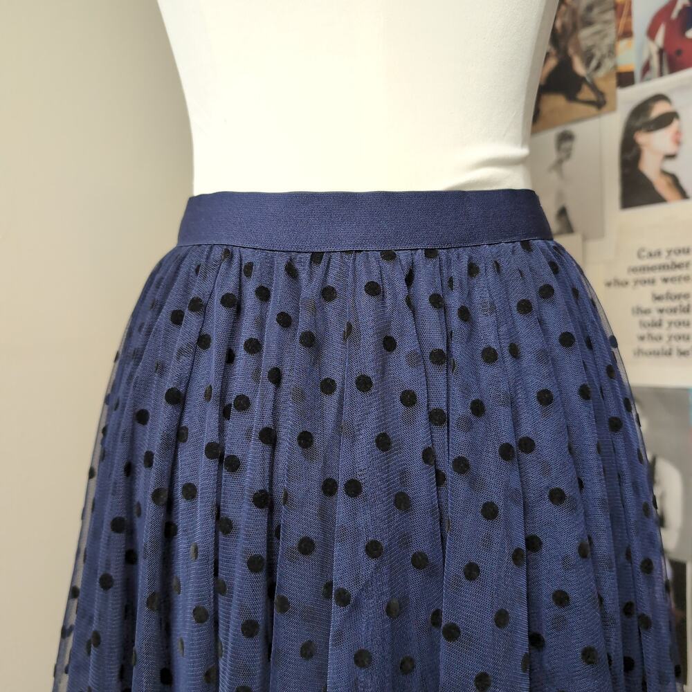Navy Polka Dot Pleated Mesh Skirt Girly - Picture 3 of 6